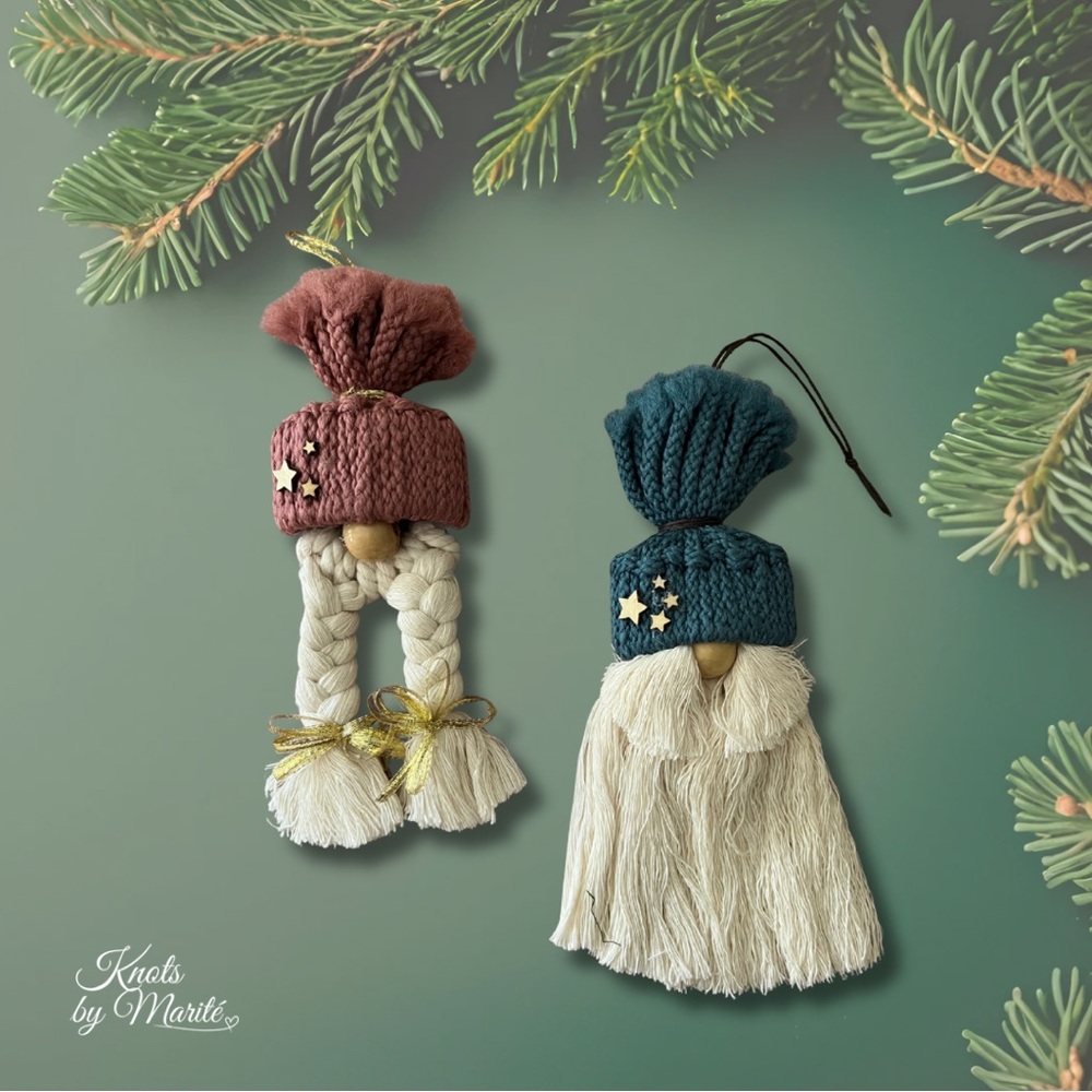 HANDMADE MACRAME CHRISTMAS GNOMES DUSTY ROSE & TEAL -BOHO HOLIDAY ORNAMENTS